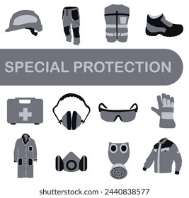 Uniforme de trabajo. Ropa protectora profesional, botas y casco de seguridad.  EPS 10.