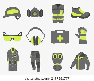 Uniforme de trabajo. Profesional de ropa protectora, botas y casco de seguridad. Varios artículos de ropa protectora especial. EPS 10.