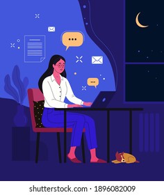 Work until late at night. Vector illustration in trendy flat style of a young beautiful woman sitting on a chair in her apartment and working on a laptop at the table at night. Isolated on background 