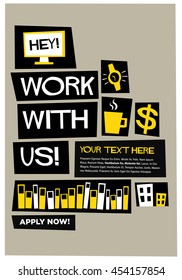 Work With Us! (Flat Style Vector Illustration Recruitment Poster Design) With Text Box Template 