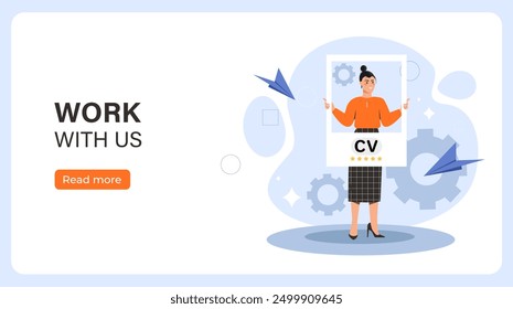 Work with us poster. Woman inside cv picture. Headhunting and recruitment to company and organization. HR manager at workplace. Landing page. Flat vector illustration isolated on white background