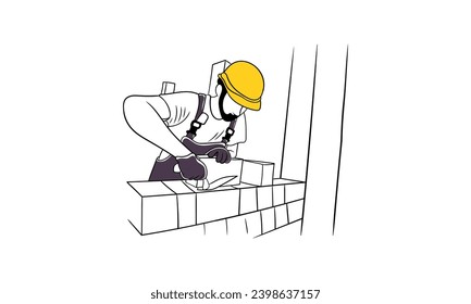 Work using bricks. Young man in uniform at construction Flat vector illustration