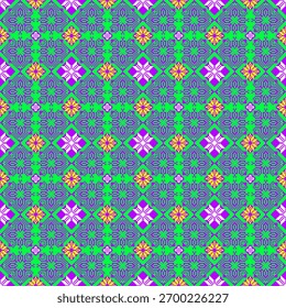 Work using geometric shapes arranged in a pixelated surface pattern, arranged in a folk art style, using green, purple, and yellow, giving a sense of handicraft embroidery, suitable for textile 
