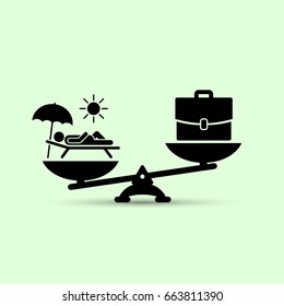 Work or vacation concept. Work vs relax illustration. Concept of life and work balance. Vector flat illustration.