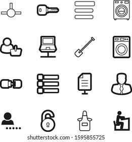 work vector icon set such as: privacy, food, notebook, portrait, customers, uniform, connected, keyhole, verified, gardening, job, wire, page, handle, laptop, password, cartoon, modern, shovel, chef