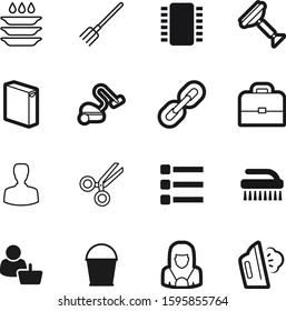 work vector icon set such as: briefcase, health, servant, businessman, staff, modern, clinic, uniform, cut, scissors, suitcase, account, client, gardening, powder, hygiene, system, member, outline