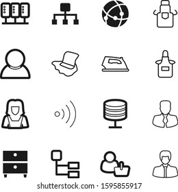work vector icon set such as: modem, mopping, wi, work, connectivity, wet, paperwork, member, maid, bucket, lady, spot, cloth, device, cabinet, globe, networking, hard, management, wireless, database