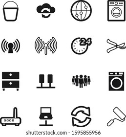 work vector icon set such as: update, trim, user, trash, clear, archive, human, house, team, roller, front, bucketful, manager, notebook, wringer, shop, exchange, global, structure, container
