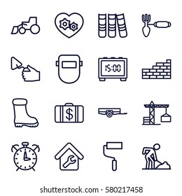 work vector icons. Set of 16 work outline icons such as barrow, construction crane, Money case, boot, roller, excavator, trowel, digging man, welder mask, gardening tool