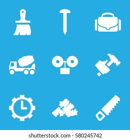 work vector icons. Set of 9 work filled icons such as mud, saw, nail, brush, concrete mixer, hummer, clock in gear, camera case