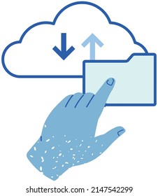 Work with virtual storage. Service for saving information and personal data protection. Virtualized keeping info system vector illustration. Person uploads file, online data to digital cloud storage