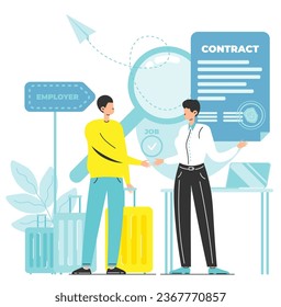 Work visa and job contract for foreign country legal immigration scene. Vector illustration of man employee and customs officer at checkpoint gate vector illustration