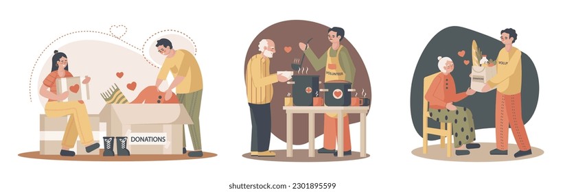 Work of volunteers. Set of illustrations about voluntary help to people. Female and male vector characters collect and pack things, cook and distribute food. Support for elderly