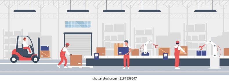 Work of warehouse automated conveyor and wholesale logistics system. Cartoon workers using machinery and electric belt to load boxes with goods inside storehouse background. Modern storage concept