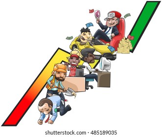 Work And Wealth Graph Of Cartoon People From Poor Labor And Salary Worker Into Wealthy Ceo Or Entrepreneur, Create By Vector
