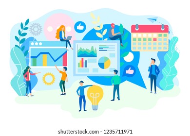 The work of web designers and marketers in the office, SEO site optimization, content development, analysis and business planning. Vector illustration for presentations, web design, social media