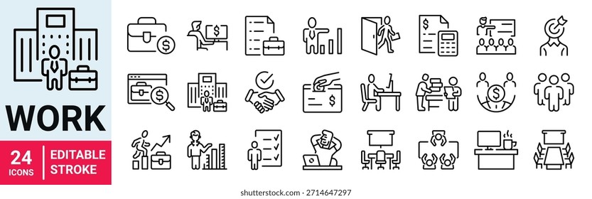 Conjunto de iconos de Web de trabajo. Contiene iconos de trabajo, carrera, empleo, reuniones, organización, trabajo en equipo y redes. Ilustración vectorial.