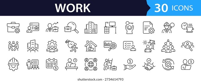 Work Web Icon Set in Linear Style. Collection of business, line icons, including management, freelancer, job, goal, teamwork, meeting, career, organization, employment and more. Editable stroke