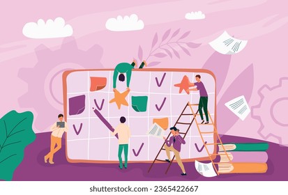 Work week concept in flat style with people planning their schedule making marks on calendar vector illustration