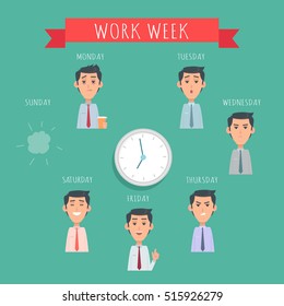 Work week concept. Set of man illustrations. Avatar userpics of emotions. Monday, Tuesday, Wednesday, Thursday, Friday, Saturday, Sunday. Clock in middle. Variety of emotions office worker Vector