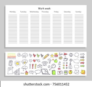 Work week daily plan and icons represented below in a schematic and funny way, day titles and empty space on vector illustration isolated on white