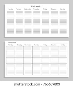 Work week different tables, sheet of paper with day names and empty space below them in order to plan your own time on vector illustration