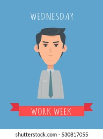 Work week emotive concept. Calm brunet man in shirt and tie flat vector illustration. Wednesday neutral mood. Office worker weekly calendar. Employee business efficiency. Everyday routine work