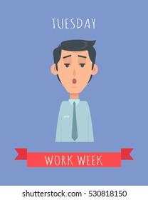 Work week emotive concept. Perplexed brunet man in shirt and tie flat vector illustration. Tuesday confused mood. Office worker weekly calendar. Employee business efficiency. Everyday work routine