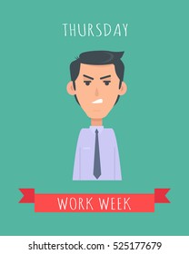 Work week emotive concept. Sad brunet man in shirt and tie angry flat vector illustration. Thursday negative mood. Office worker weekly efficiency calendar. Fatigue from working. Stressed employee