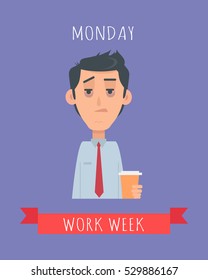 Work week emotive concept. Sleepy and tired brunet man in shirt and tie with coffee flat vector illustration. Monday awful mood. Office worker weekly efficiency calendar. Monday morning syndrome