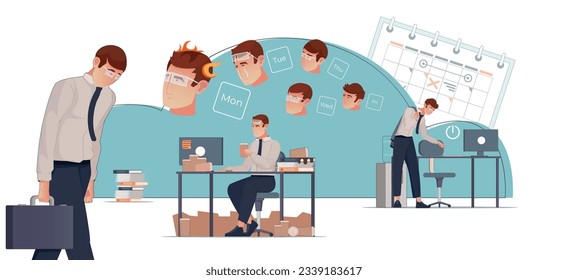 Work week flat concept with emotions of employee on workdays from monday till friday vector illustration