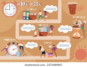 Plantilla de infografía de la semana de trabajo en estilo plano con hombres y mujeres durante diversas actividades laborales, desde el lunes hasta el viernes, ilustraciones vectoriales