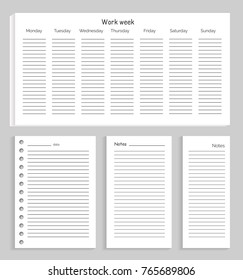 Work week and notes set of sheets of paper with titles and lines with empty space for filling information in, on vector illustration