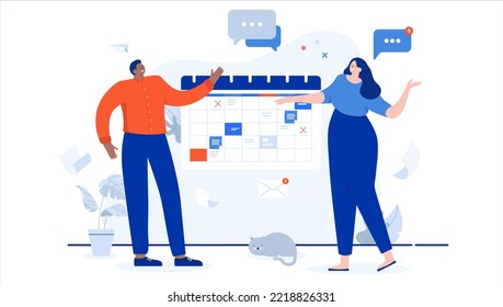 Work week planning - People using calendar to do project manager work and making schedule. Flat design cartoon vector illustration with white background