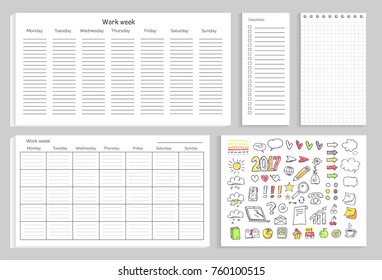 Work Week Set Of Papers With That Help To Organize Working Time And Icons Of Sun And Coffee, Marks And Clouds On Vector Illustration