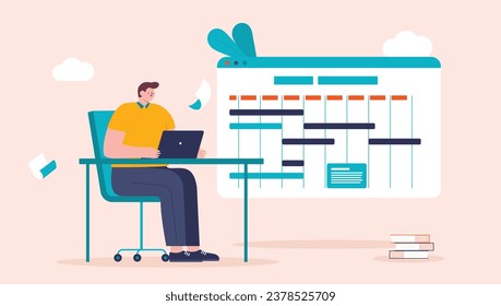 Work week tasks - Busy person in office working on laptop at desk planning and managing calendar with various chores and deadlines. Flat design vector illustration