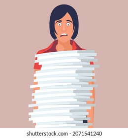 A lot of work. Woman with a funny emotion on the face stands in front of a big bunch of paperwork. Vector illustration flat design. Isolated on white background.