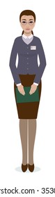 work woman - teacher, librarian, businesswoman, hotel manager, administrator, waitress, consultant, reception with ID badge and book, documents or menu