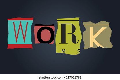 Work word on vintage broken car license plates, vector
