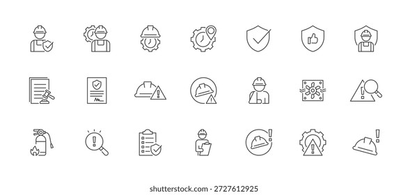 Work And Workplace Safety icon set containing work safety, worker, work, workplace, safety, safety first, worker protection, insurance, work accident, occupational risk and inspection vector icons