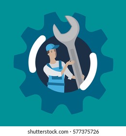 work with a wrench with a gear, vector business illustration, icon.