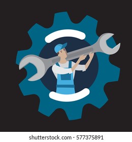 work with a wrench with a gear, vector business illustration, icon.