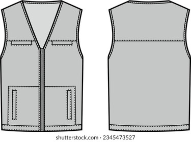 Work zip up vest flat sketch. Working zipper waistcoat apparel design. Front back. Men CAD mockup. Technical drawing template. Vector illustration.