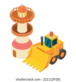 Work Zone Icon Isometric Vector. Yellow Construction Bulldozer Near Lighthouse. Building, Repair, Reconstruction