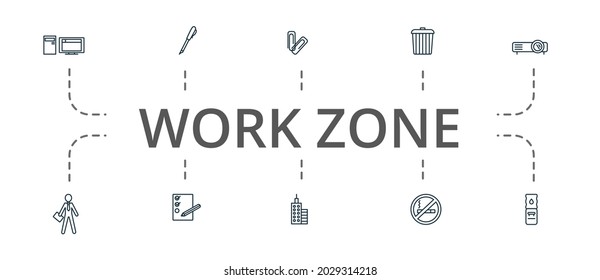 Work Zone Icon Set. Contains Editable Icons Theme Such As Clip, Office Man, Office Tower And More.