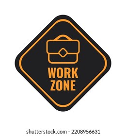 Work Zone metal sign with orange icon and lettering on black board isolated on white background, vector illustration in trendy design style. Suitable and perfect for many purposes.