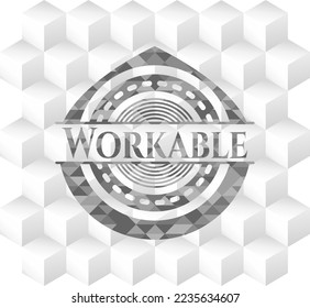 Workable realistic grey emblem with geometric cube white background. 