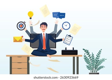 Empresário workaholic trabalhando duro em sua mesa de escritório com trabalhos de papel, workaholic, empresário ocupado multitarefa ou cansado e esgotado de trabalho sobrecarregado, trabalho sobrecarregado, muito conceito de trabalhos de papel