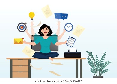 Empresária workaholic trabalhando duro em sua mesa de escritório com trabalhos de papel, workaholic, mulher de negócios ocupada multitarefa ou cansada e exausta de trabalho sobrecarregado, muito conceito de trabalhos de papel