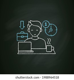 Workaholic chalk icon.First arrive at work. Enjoy job. Be on time. Man at laptop. Hard working.Overworking concept. Isolated vector illustration on chalkboard